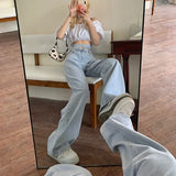 Retro High-Waisted Cross-Strap Straight Jeans Spring and Summer Women's Loose and Thin Sagging Y2K Light Blue Wide-Leg Jeans