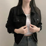 GETADME 레트로 라펠 모터사이클 재킷 여성용 스웨이드 롱 스웨이드 루즈핏 슬릿 지퍼 디자인 가을 아우터웨어 Faionable