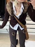 Getadme 2  Y2K Grunge Fur Knitted Jackets Double Zipper Vintage Cropped Coat Women Harajuku Aesthetic Cute Chic Jumpers Korean Outfits New