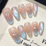 GETADME Handmade Press on Nails Blue Aurora Mermaid Fake Nail Patches Wearable Detachable French Pearl Almond False Nail Tips 10pcs