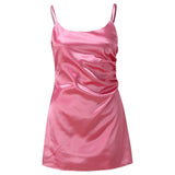 Summer Spaghetti Sleeveless Bodycon Mini Dress Y2k Women Fashion Pink Off Shoulder Satin Party Sexy Yellow Clubwear Dresses