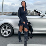 GETADME Elegant Ruffles Detail Split Hooded Maxi Dress for Women Autumn Winter Long Sleeve Bodycon Dresses Rave Festival Dress 2025