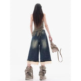 GETADME Summer Y2k Oversized High Street Spicy Girl Loose Wide Leg Cropped Pants Trendy American Washed Retro Sexy Lace Patchwork Jeans