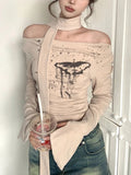 Getadme-Y2k Crop Top Women Vintage Print Sexy Off Shoulder T Shirt Female Autumn Flare Sleeve Grunge Aesthetic Slim Bandage Streetwear