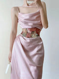 Summer Elegant Sexy Two Piece Set Women Pink France Sweet Party Dress Set Female Print Vintage Tunic + Ruched Fairy Dress New