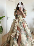 GETADME Evening Party Dress 2025 Summer Short Puff Sleeve Khaki  Print Organza Women Floor-Length Overlength Princess Long Dress Female