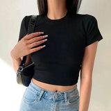 GETADME Short Sleeve T-Shirt Women Solid Simple Casual Soft All-Match Basic Crop Tops Tees Summer Fashion Skinny Tops Black White