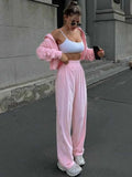 GETADME Women Sweatshirt Pants Suit Casual Stand Collar Zip-Up Jackets Loose Elastic Waist Pants Set Female 2025 Velvet Tracksuits