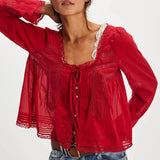 GETADME Combhasaki Women's Y2K Fairy Long Sleeve Square Neck Shirts Lace Patchwork See-through Tie-up Front Button-down Blouse Crop Tops