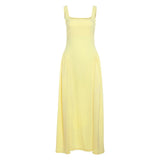 GETADME 2025 Women's Clothing Summer Square Collar Sleeveless Ruched Hem A-line Dresses Elegant Solid High Waist Long Vestidos
