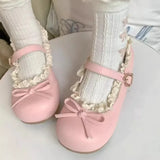 GETADME Women's Fashion Single Shoes Spring New Round Head Shallow Mouth Butterfly Knot Metal Buckle Soft Sole Non-slip Flat Shoes