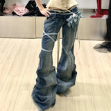 GETADME 2025 Spring Autumn Vintage Style Ruched Denim Flared Pants for Women Y2K Aesthetic Low Waist Slim Fit Bell Bottom Jeans Fashion