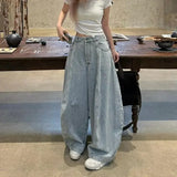 GETADME American Washed Loose Wide Leg Knife Edge Jeans Women's Spring Autumn New High Waist Loose Slimming Floor Length Pants