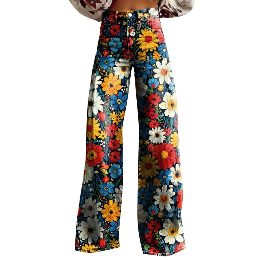 GETADME Vintage Floral Print Wide-leg pants for women High waist straight pants Spring Summer Loose Pant Street Fashion y2k clothes
