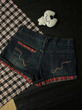 GETADME Red Plaid Curled Low-rise Denim Shorts Women's Summer New Design Diamond-encrusted Retro Jeans Y2k Shorts