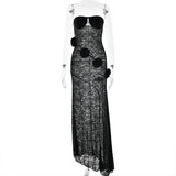 GETADME Summer Lace Strapless 3D Flowers Appliques Long Sleeveless Prom Club Dress See Through Sexy Solid Sheath Dress Vestidos