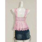 GETADME Summer fashion new V-neck bow slimming and slimming design, floral micro transparent suspender versatile top