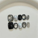 GETADME 10Pcs Handmade Gothic Short Press on Nails Rhinestone Round Manicure Decoration Wearable Full Cover with Design Acrylic Nail Tip