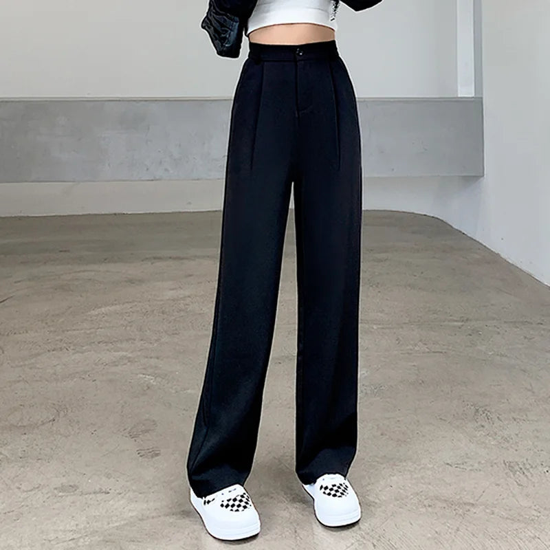 Pantalon tailleur GETADME pour femme, taille haute, longueur au sol, blanc, coupe ample, jambes larges, idéal pour l'automne et l'hiver. Pantalon droit long pour femme, parfait pour le bureau.