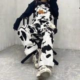 GETADME Street Hip-hop Harajuku Girl Cow Print Oneies for Women Black White Plaid Overalls Casual Jumpsuit Trousers Baggy Pants