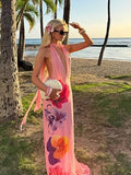 GETADME Nibber Backless Flower Print Dress Women Sleeveless Lace-Up Tassel Halter Folds Patchwork 2025 Beach Vacation Party Vestidos