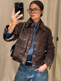 GETADME Vintage Brown Suede Women's Jackets Turn Down Collar Long Sleeve Single Breasted Female Pockets Coats 2025 Autumn Ladies Outwear