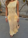 GETADME Knitted Feather Mermaid Dress Women Elegant Hollow Out Sleeveless Long Party Dresses Female 2025 Summer Spliced Beach Robes Lady