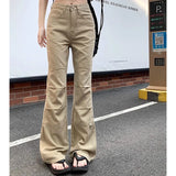 GETADME 여성 하이웨이스트 패션 루즈 플레어 청바지 여성 아메리칸 캐주얼 벨보텀 팬츠 여아 디자이너 카키 데님 카고 팬츠