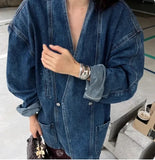 GETADME Women Denim Jacket 2025 Spring Autumn Retro Double Breasted Shoulder Padded V Neck Loose Casual Long Blue Denim Coat