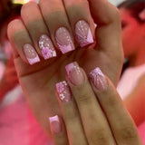 GETADME 24Pcs Short Square Coffin False Nails Square Fake Nails with Glue French Glitter Wearable Acrylic Nails Set Press on Nail Tips