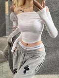GETADME Sexy Slash Neck T Shirt Women Cotton Long Sleeves Cropped Tee Shirt Femme Slim T-shirt Female Black White Tops 2025