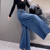 GETADME Retro Loose Super Wide-leg Jeans Women's 2025 Spring New Design Rough Edge Culottes Drape Floor Pants Women's Clothing Simple