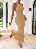 GETADME Yellow Crochet Halter Neck Maxi Dress with Fringe Hem Boho Summer Beach Dress