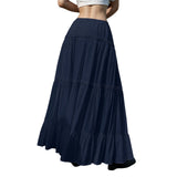GETADME Women's Flowy Skirts Fashion Flared Ruffle Hem A Line Maxi Skirts Elastic Waist Elegant Tiered Layer Simple Solid Long Skirts