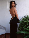 GETADME Sexy Backless Halter Elegant Bandage Maxi Dress Outfits for Women Sleeveless Summer Club Party Black Gown Dresses