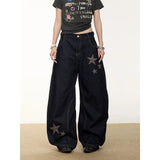 GETADME YIBASHU Women Vintage Baggy Black Star Jeans High Waist Denim Trousers 2000s Y2k Harajuku Aesthetic Wide Pants Trashy Clothes