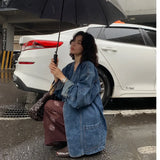 GETADME Women Denim Jacket 2025 Spring Autumn Retro Double Breasted Shoulder Padded V Neck Loose Casual Long Blue Denim Coat