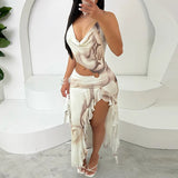 GETADME Aesthetic Tie Dye Printing Halter Lacing Hollow Out Split Ruffle Trim Backless Sexy Irregular Split Long Dresses Ladies Clubwear