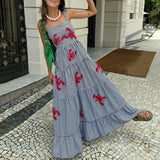 GETADME Women Cute Embroidered Maxi Dress Beach Dress Summer Boho Ruffle Long Dress Spaghetti Strap Flowy Maxi Dress