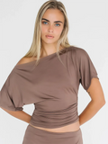 GETADME Absobe Off Shoulder Ruched Crop Top Women Basics Solid Color Skew Collar Short Sleeve T-shirts Summer Casual Streetwear Tees