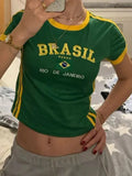GETADME Brazilian letter embroidered Gothic cut top street clothing plaid baby T-shirt retro short sleeved Y2k clothing 2025 summer EMO
