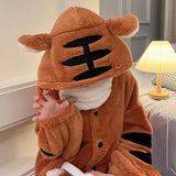 Getadme-Fleece Thick Tiger Pajamas Robes Winter Warm Plush Nightgown Loose Kawaii Cartoon Flannel Nightdress Dinosaur Pijama Loungewear