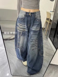 GETADME Women Harajuku Streetwear Y2K Baggy Jeans High Street Wide Leg Curved Knife Denim Pants Vintage Washed Letter Design Trousers