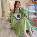 GETADME Winter Warm Pajamas Coral Fleece Long Sleeve Dresses Midi Length Cartoon Student Flannel Home Nightdress Striped Thickened Pajam