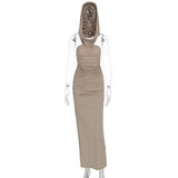 GETADME Summer Hooded Sleeveless Sexy Maxi Dress Women Streetwear Ruched Skinny Party Bodycon Solid Backless Gowns
