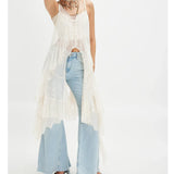 GETADME Women Sheer Maxi Lace Tanks Spaghetti Strap Mesh Tie Front Long Camisole Boho Flowy Floral See Through Coquette Layering Tops