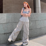 GETADME Women's Mesh Perspective Suspender Plain Sleeveless Ruffle Edge Short Style Tops Light Gray Backless Delicate Strappy Vest Tops