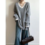 GETADME Lace Trim Warm Sweater for Women V Neck Long Sleeve Winter Loose Soft Top Knit Sweater