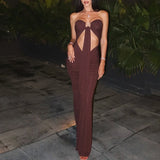 GETADME Low Cut Sexy Strapless Hollow Out Solid Ribbon Long Dresses Women Bodycon Fashion High Waist Slim Summer Club Vestidos
