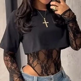 GETADME Sexy Women Crop Top+Lace Jacquard Full Sleeve Bodysuit Hottie Street Clubwear Slim Fit Wild Matching Basic Skinny Tees+Jumpsuit